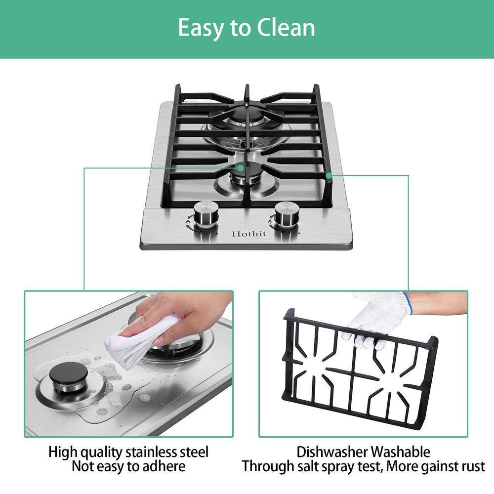 12 In. 2 Burners Recessed Gas Cooktop in Silver with Thermocouple Protection 13500 BTU, NG/LPG Dual Fuel Gas Stove Top