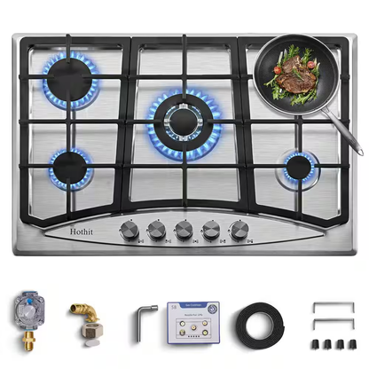 Propane Gas Cooktop 30 In., 5-Burner Built-In Stainless Steel Gas Stove Top, LPG/NG Dual Fuel, Gas Pressure Regulator