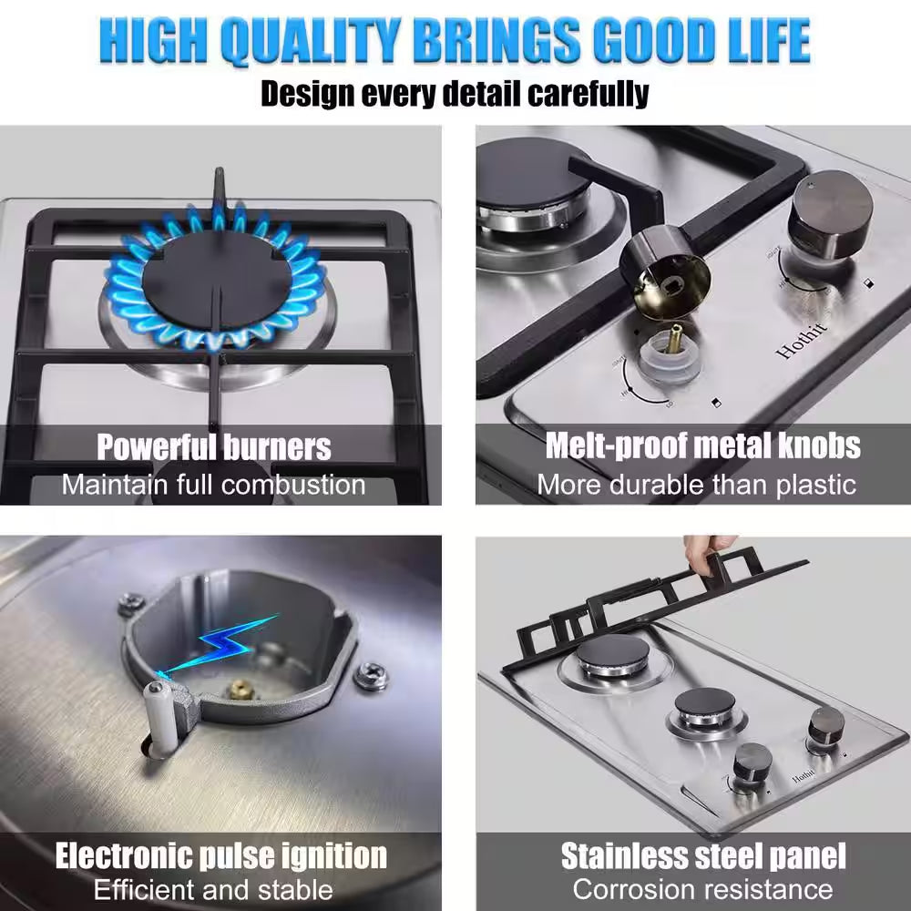 12 In. 2 Burners Recessed Gas Cooktop in Silver with Power Burners 13500 BTU, NG/LPG Dual Fuel Built-In Gas Stove Top