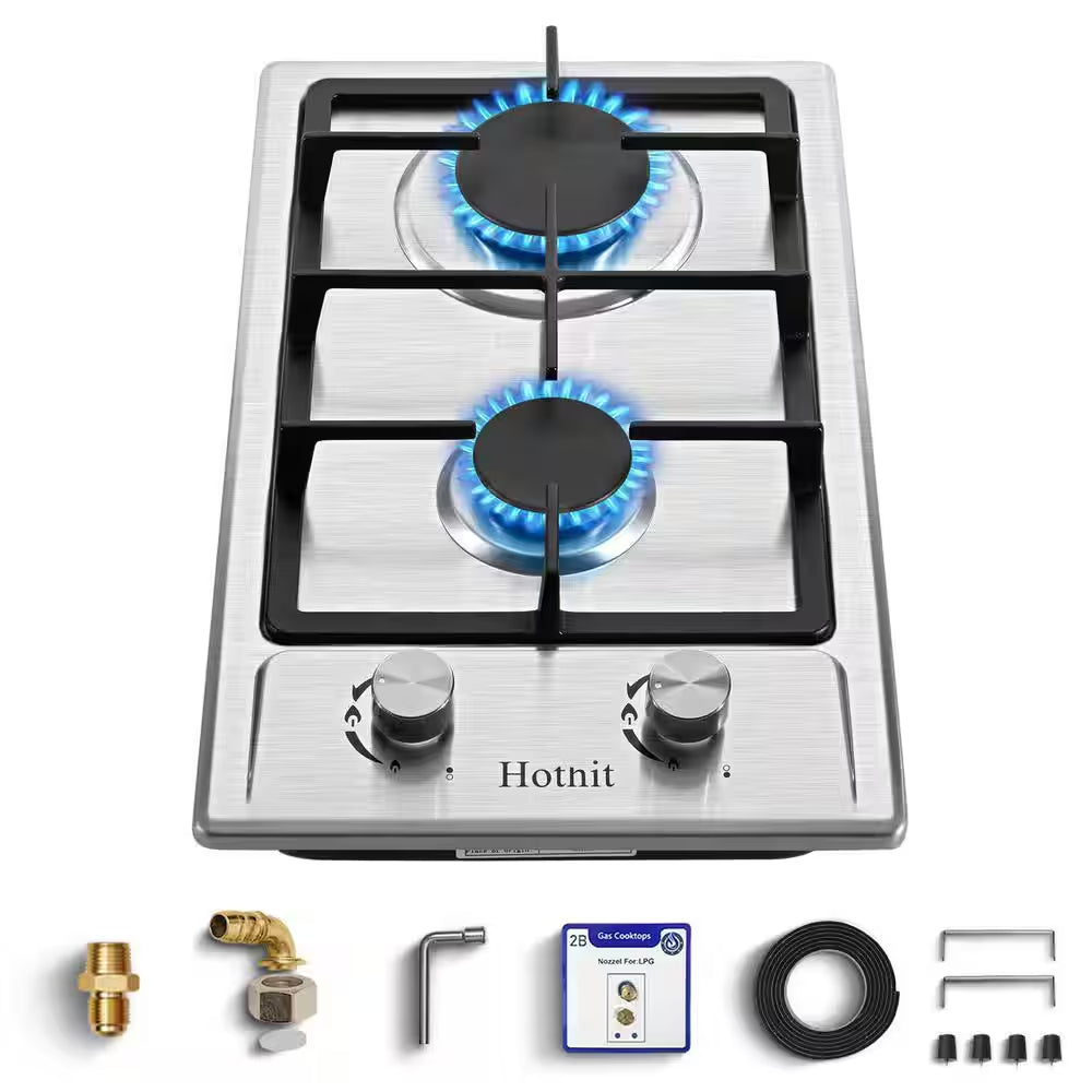 12 In. 2 Burners Recessed Gas Cooktop in Silver with Power Burners 13500 BTU, NG/LPG Dual Fuel Built-In Gas Stove Top