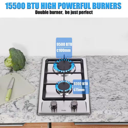 12 In. 2 Burners Recessed Gas Cooktop in Silver with Power Burners 13500 BTU, NG/LPG Dual Fuel Built-In Gas Stove Top
