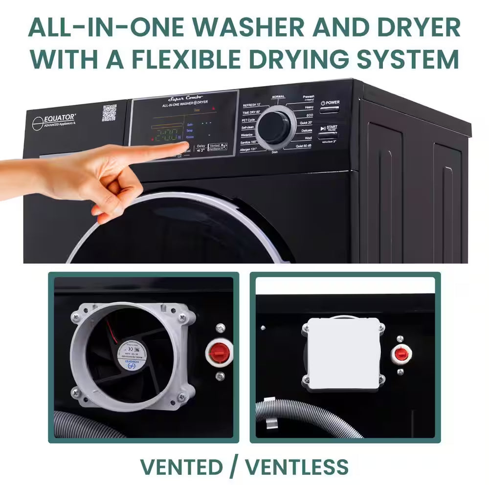 1.62 Cu.Ft. Pet Compact 110V Vented/Ventless 15 Lbs Sani Washer Dryer Combo 1400 RPM in Black