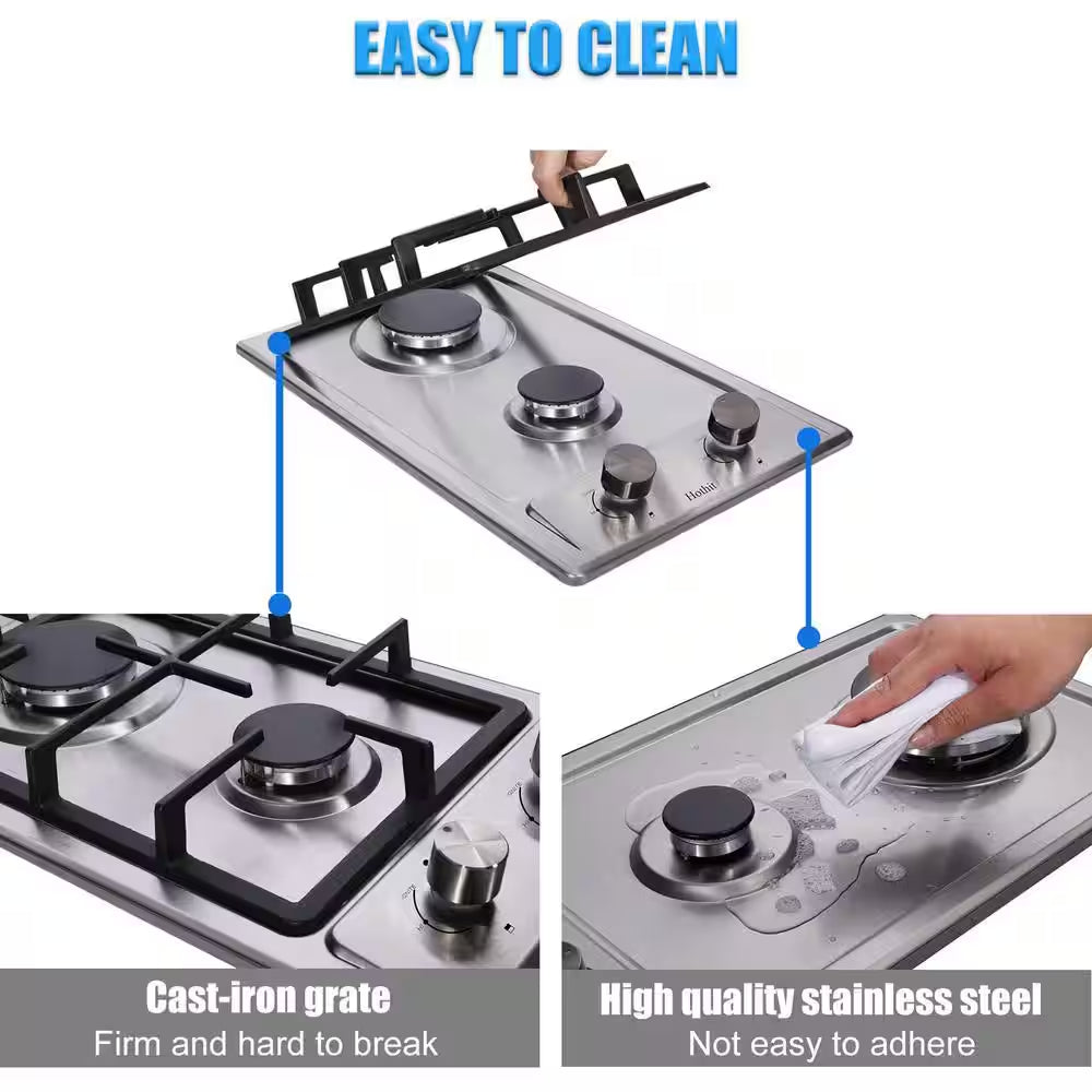 12 In. 2 Burners Recessed Gas Cooktop in Silver with Power Burners 13500 BTU, NG/LPG Dual Fuel Built-In Gas Stove Top