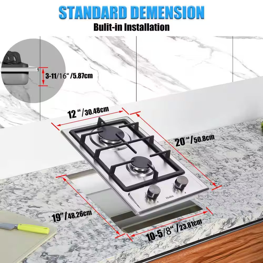 12 In. 2 Burners Recessed Gas Cooktop in Silver with Power Burners 13500 BTU, NG/LPG Dual Fuel Built-In Gas Stove Top